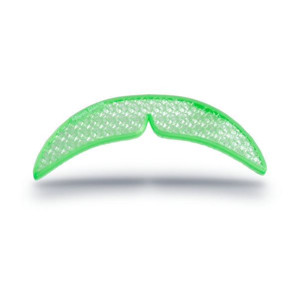 Green Splash Stache toilet splash guard, mustache-shaped mesh, on a white background